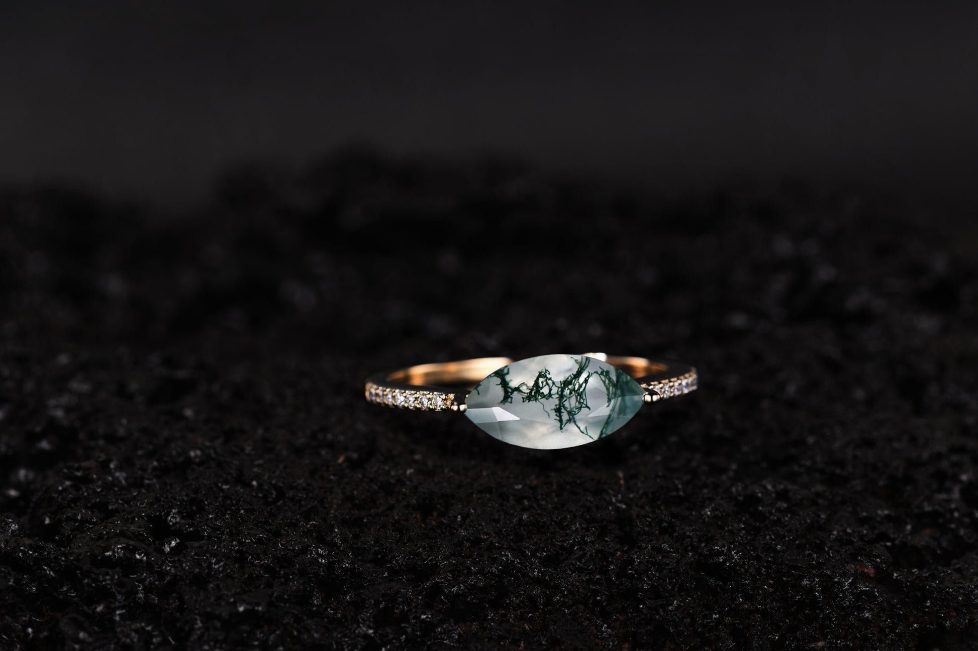 Marquise Cut Moss Agate Diamond Engagement Ring