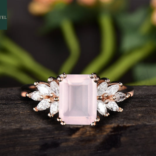 Emerald Cut Rose Quartz Cluster Gemstone Engagement Ring 