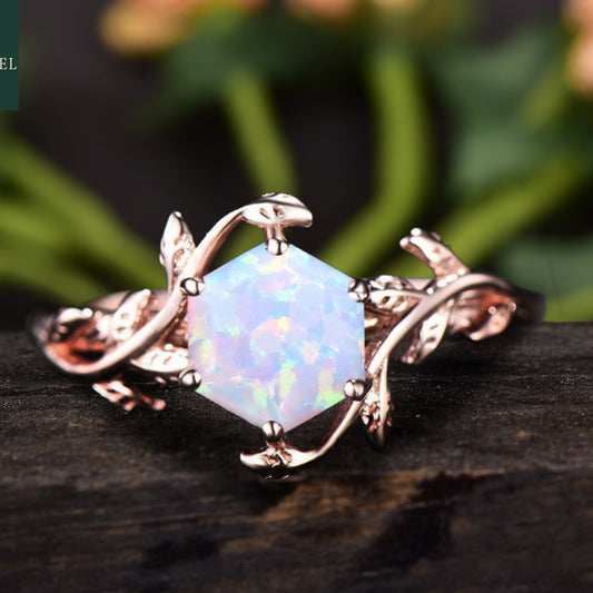 Hexagon Cut Fire Opal Natural Inspired Leaf Engagement Ring