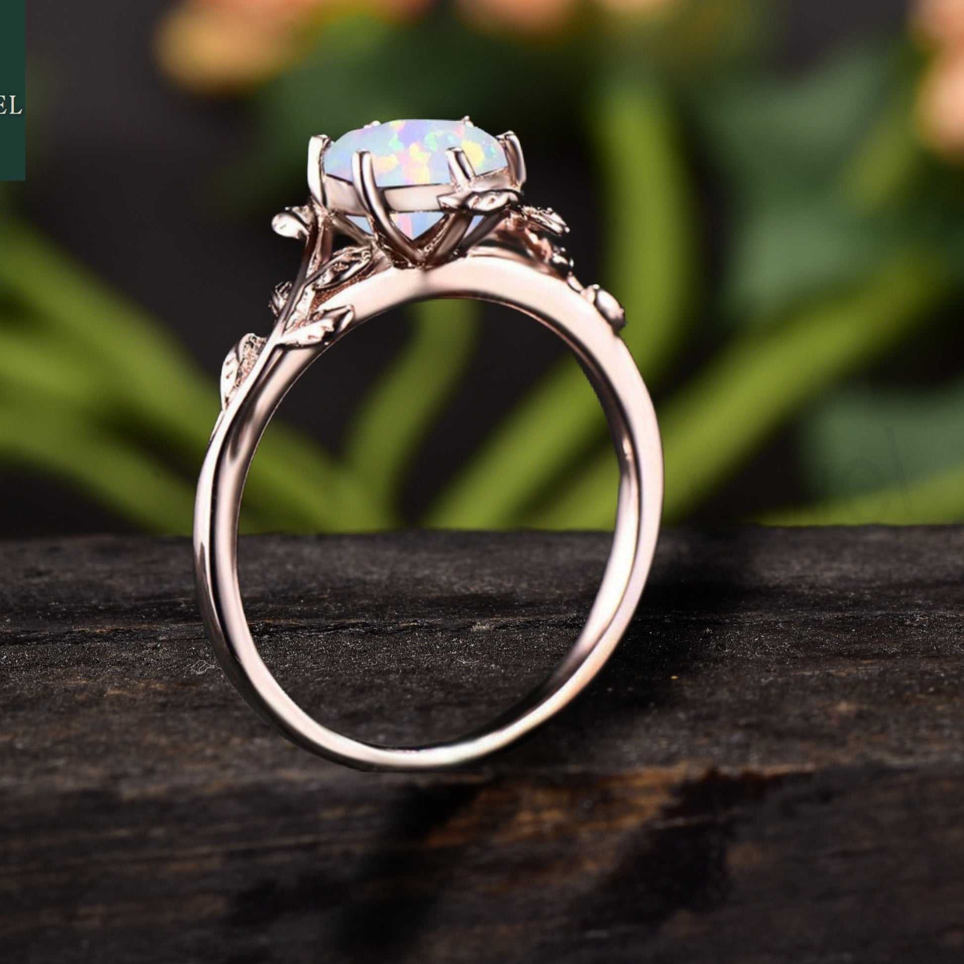 Hexagon Cut Fire Opal Natural Inspired Leaf Engagement Ring