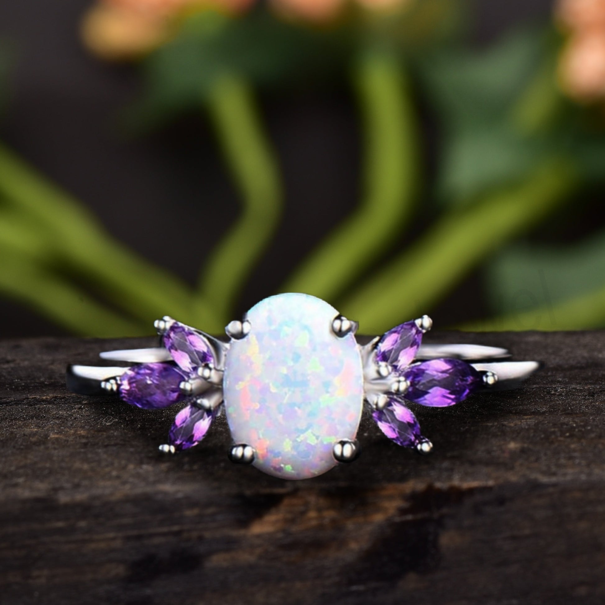 Oval Cut Fire Opal Cluster Engagement Ring