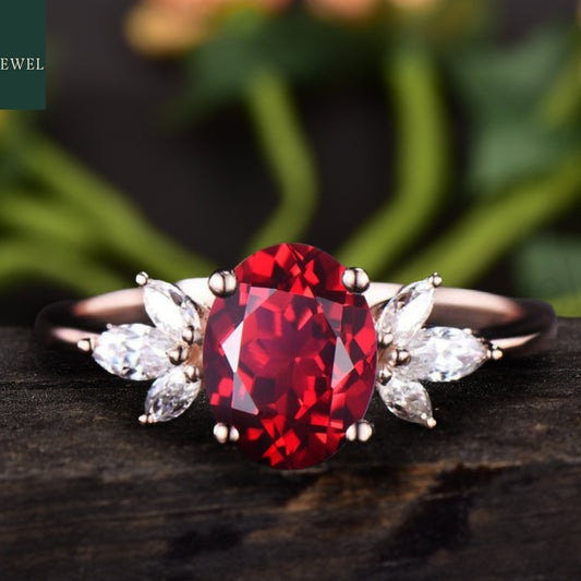 Oval Cut Red Garnet Gemstone Cluster Engagement Ring