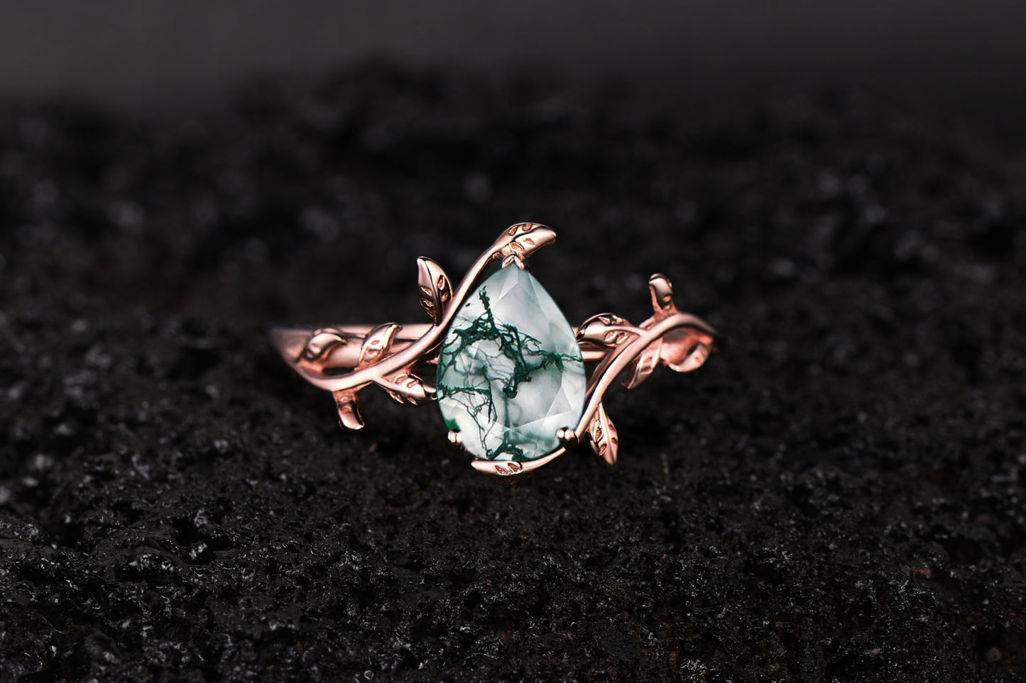 Pear Shaped Moss Agate Branch Leaf Engagement Rings