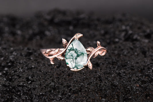 Pear Shaped Moss Agate Branch Leaf Engagement Rings