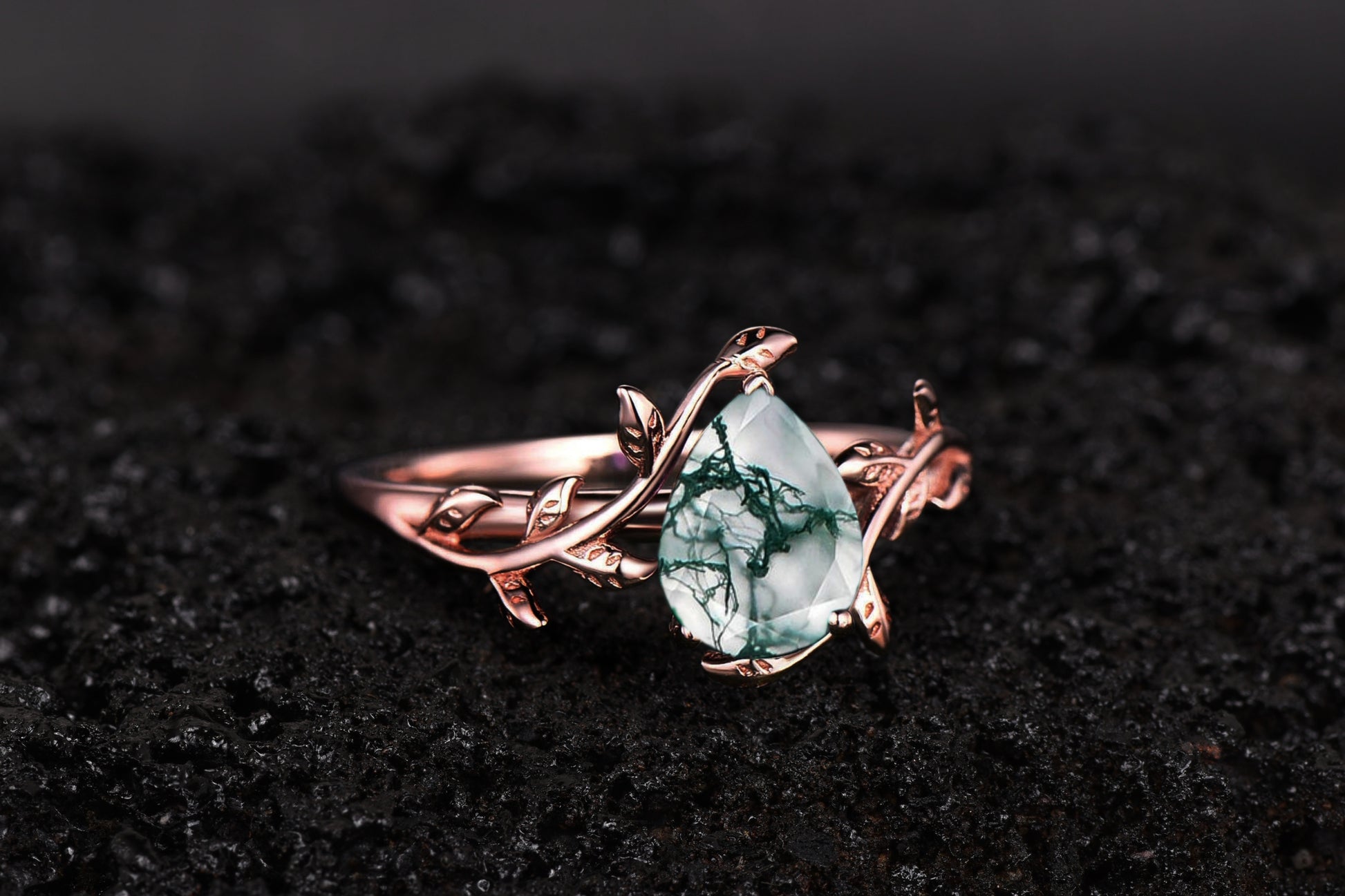 Pear Shaped Moss Agate Branch Leaf Engagement Rings