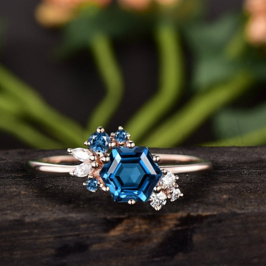 Hexagon Cut London Blue Topaz Cluster Engagement Ring 