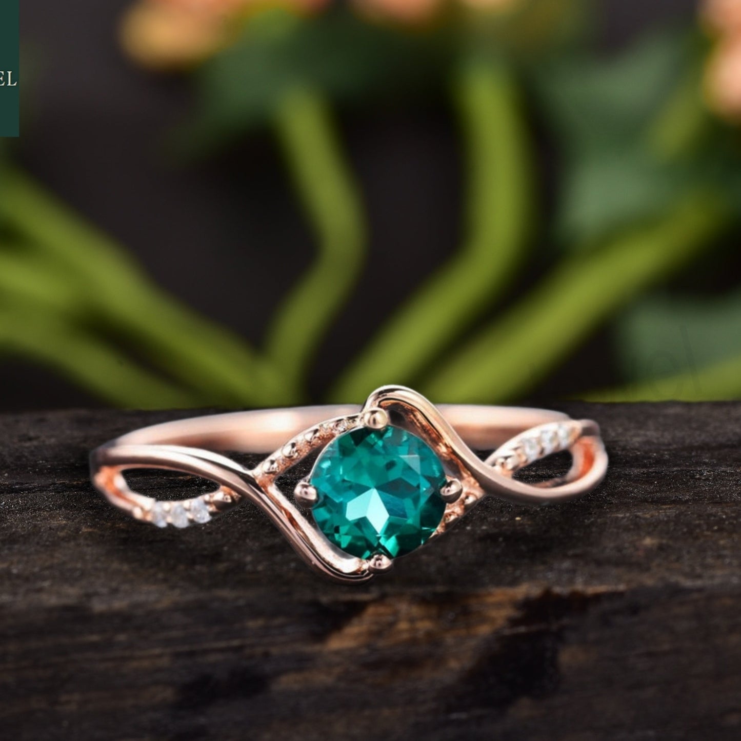 Vintage Round Cut Emerald 14k Rose Gold Vermeil Engagement Ring 