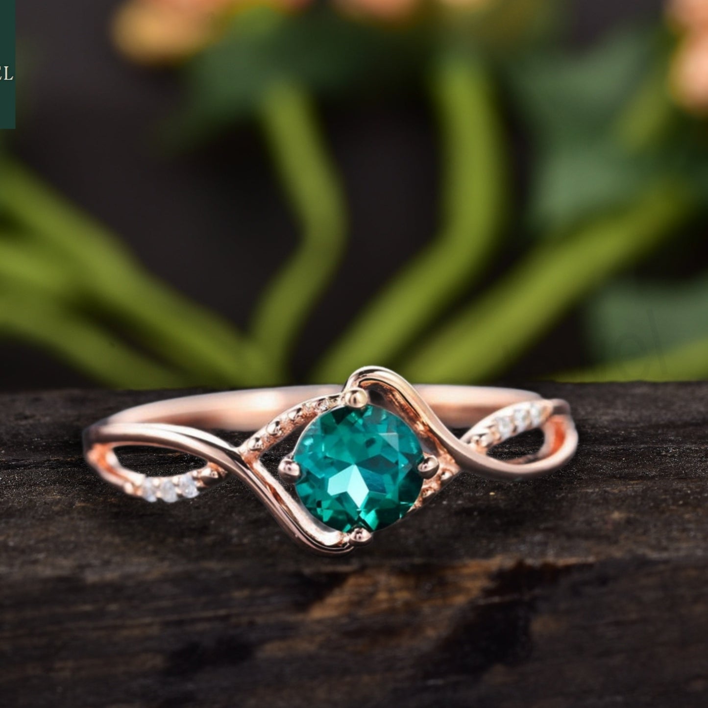 Vintage Round Cut Emerald 14k Rose Gold Vermeil Engagement Ring 