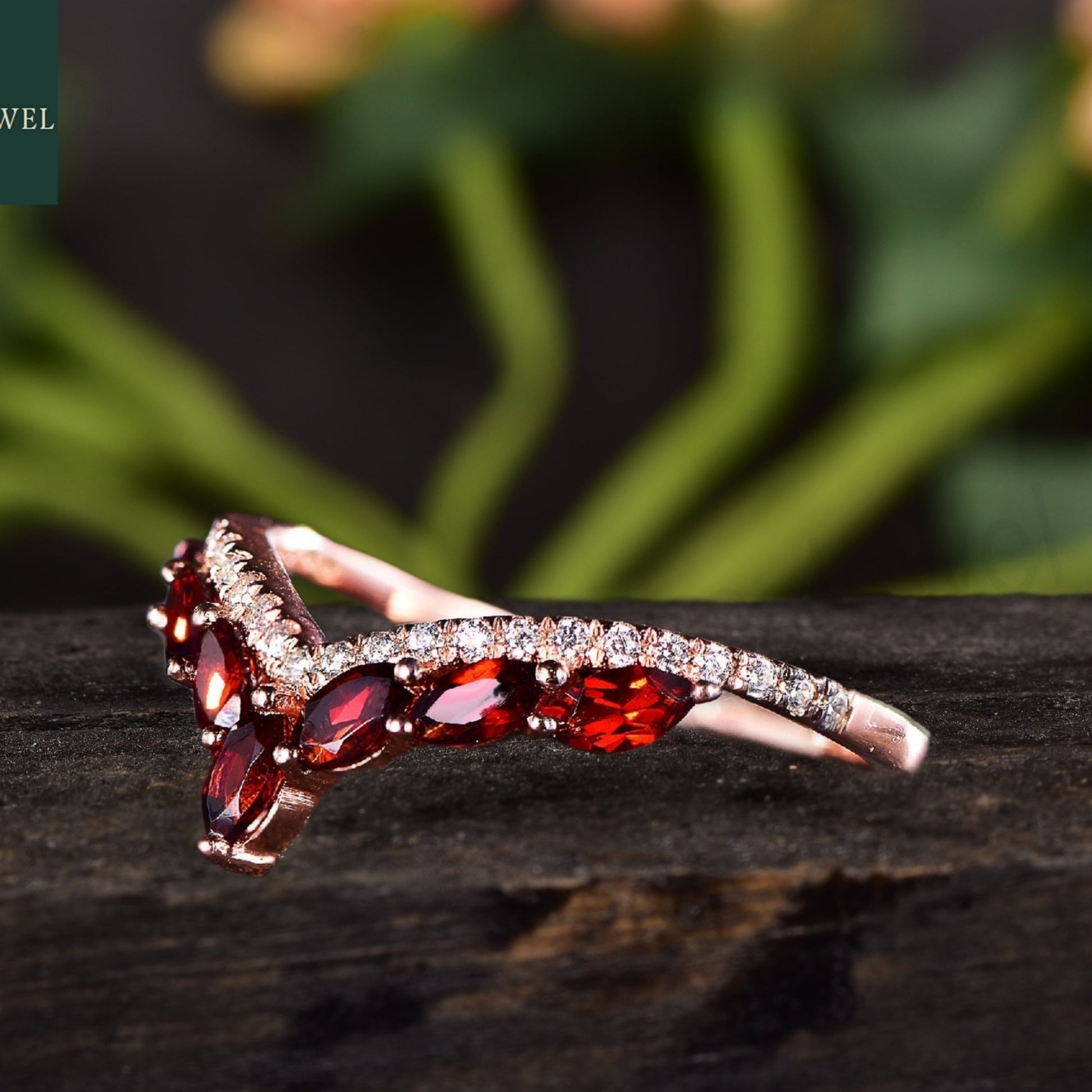 Red Garnet 14K Rose Gold Marquise Wedding Band 