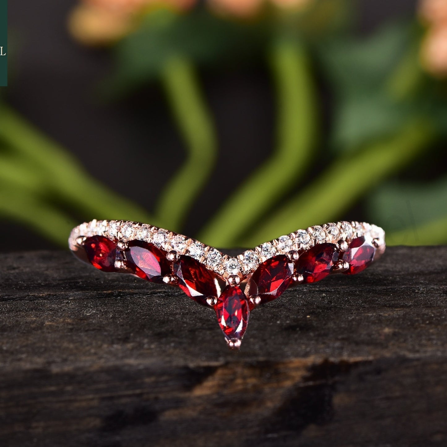 Red Garnet 14K Rose Gold Marquise Wedding Band 