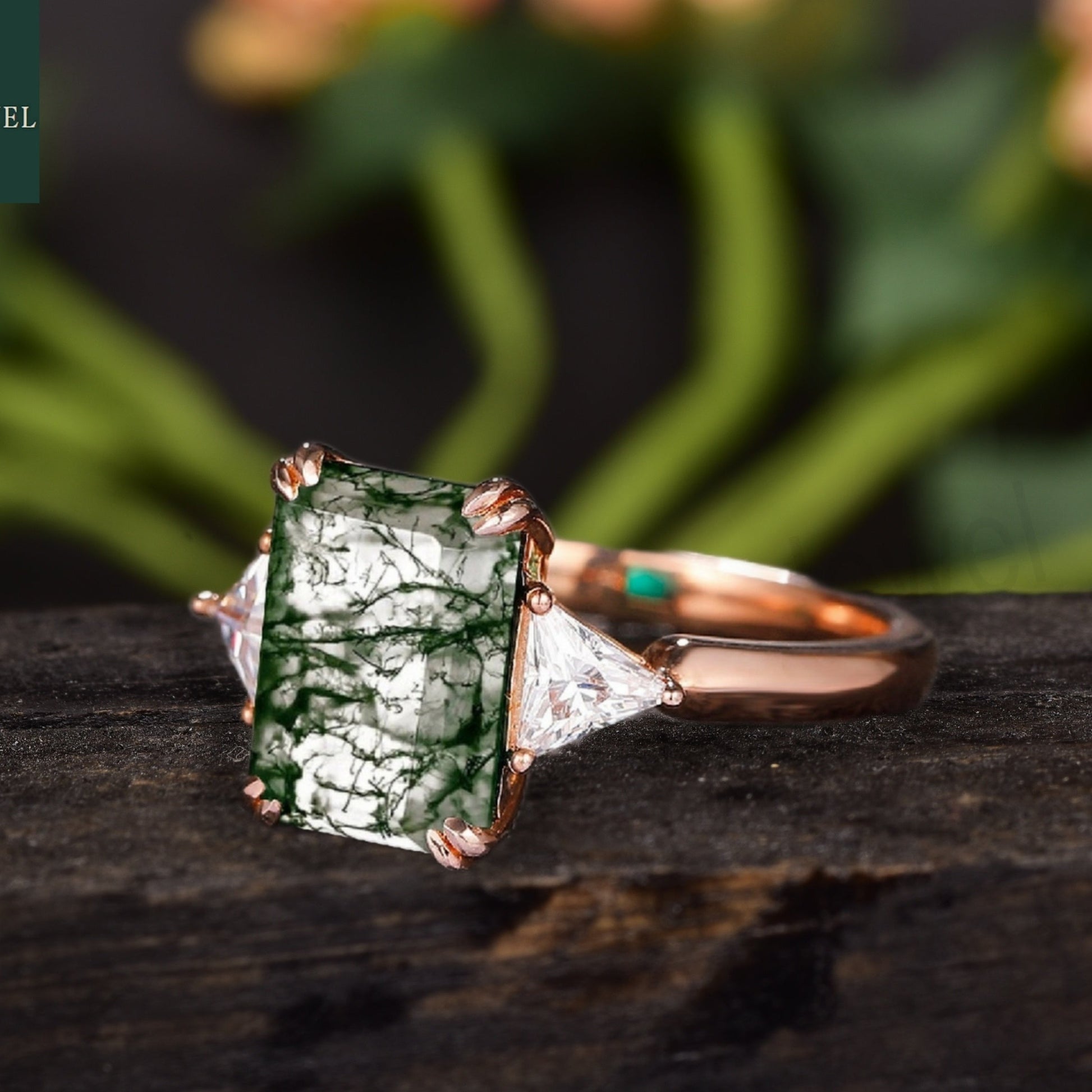 Emerald Cut Moss Agate Rose Gold Engagement Ring