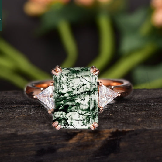Emerald Cut Moss Agate Rose Gold Engagement Ring