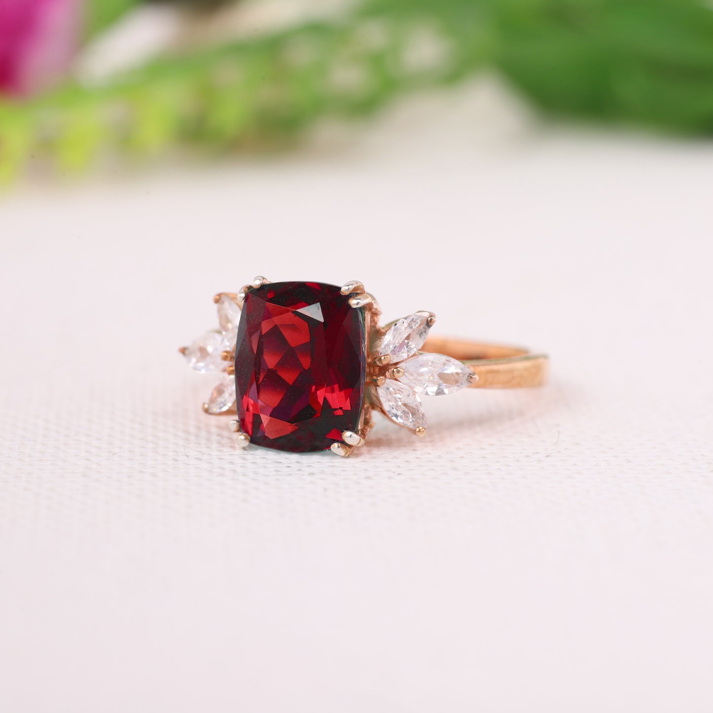 Red Garnet Emerald Cluster Engagement Ring