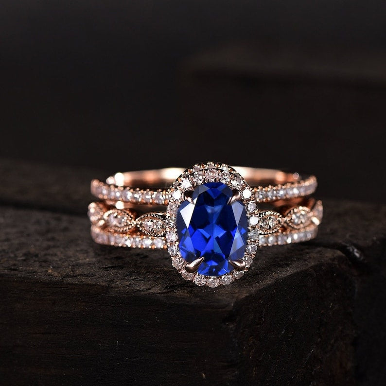 Oval Cut Blue Sapphire Engagement Ring Set With Enhancer Wedding Ring