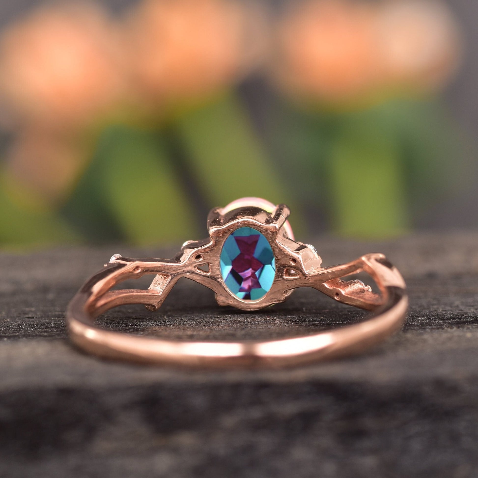 Lab Alexandrite Oval Cut Twig Engagement Ring 